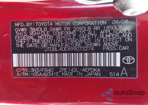 2009 Toyota Corolla Le z USA, uszkodzony, nr VIN JTDBL40EX99073274